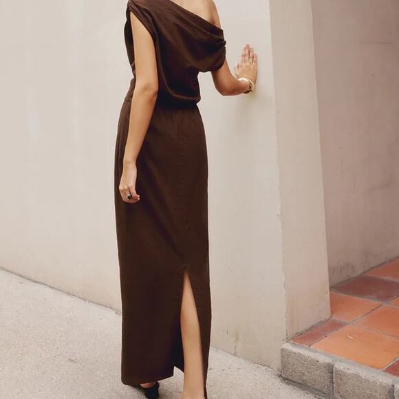 NWT REVOLVE &MINIMALIST lovers COMMENSE linen cotton brown maxi DRESS M - Picture 4 of 14